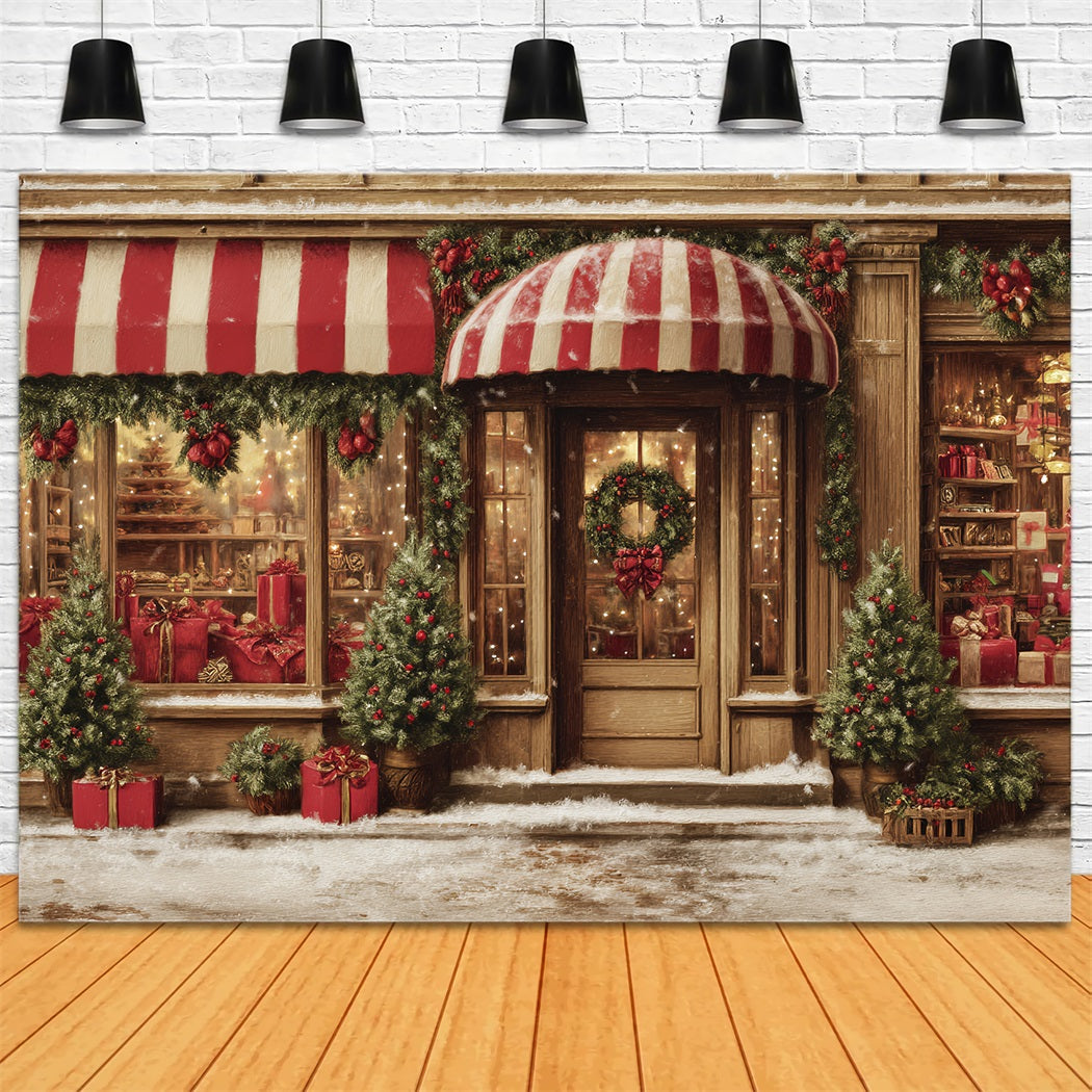 Toy Store Backdrop Candy Cane Gift Shopfront Christmas Photography Backdrops TWW59-109