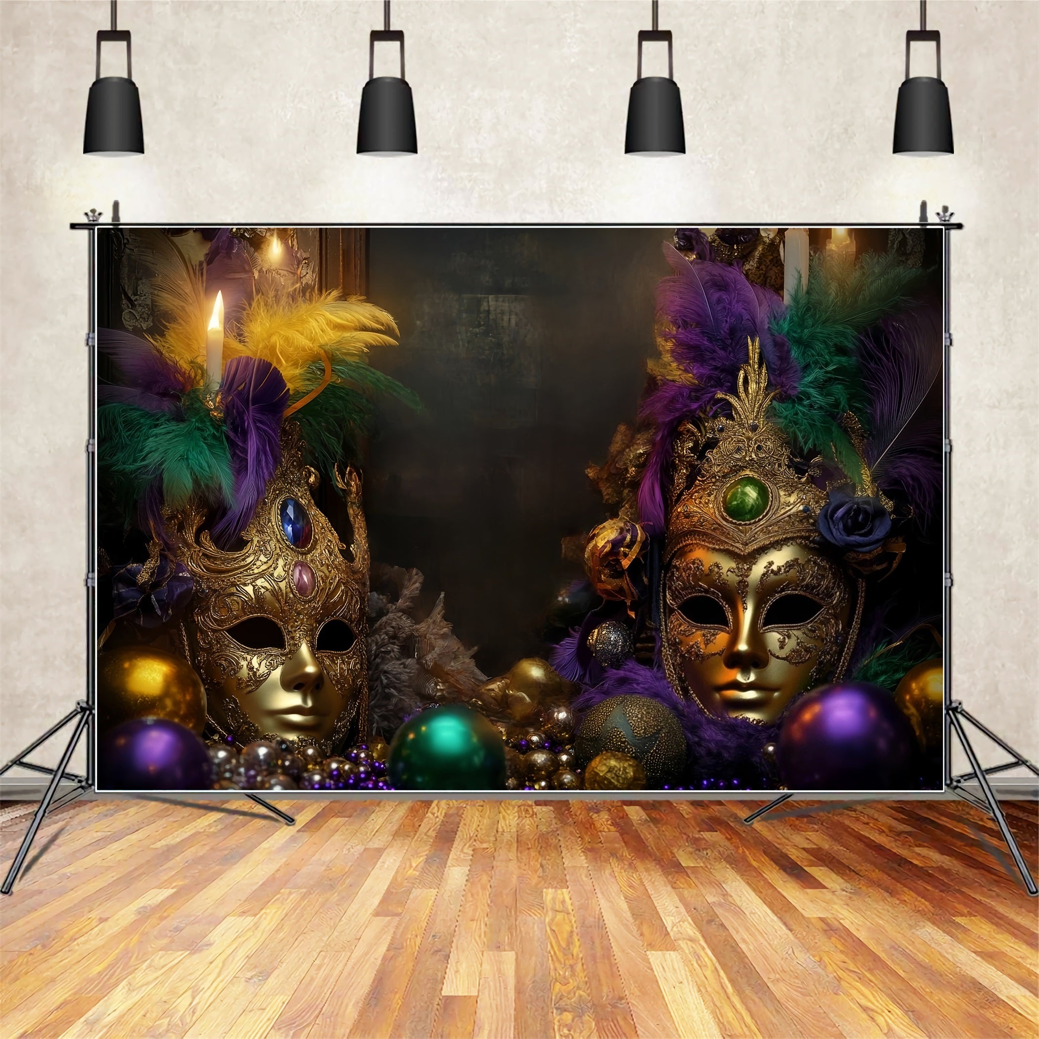 Mask Carnival Backdrop Golden Feathered Masquerade Carnival Backdrop TWW59-11