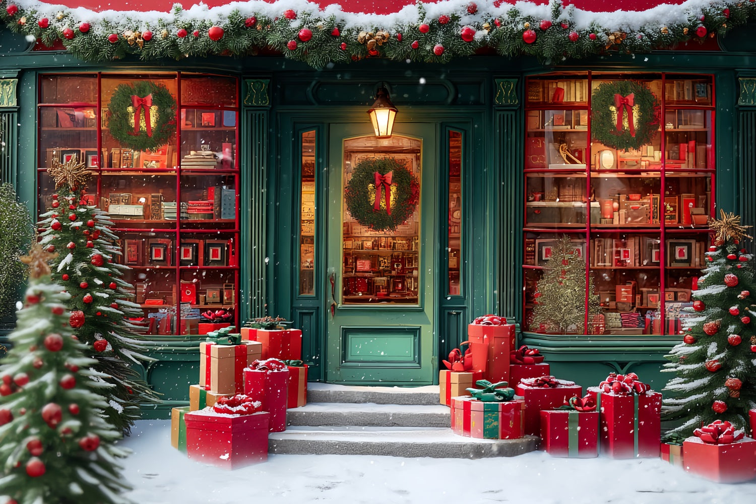 Toy Store Backdrop Festive Bookstore Snowy Entrance Christmas Photo Backdrops TWW59-110