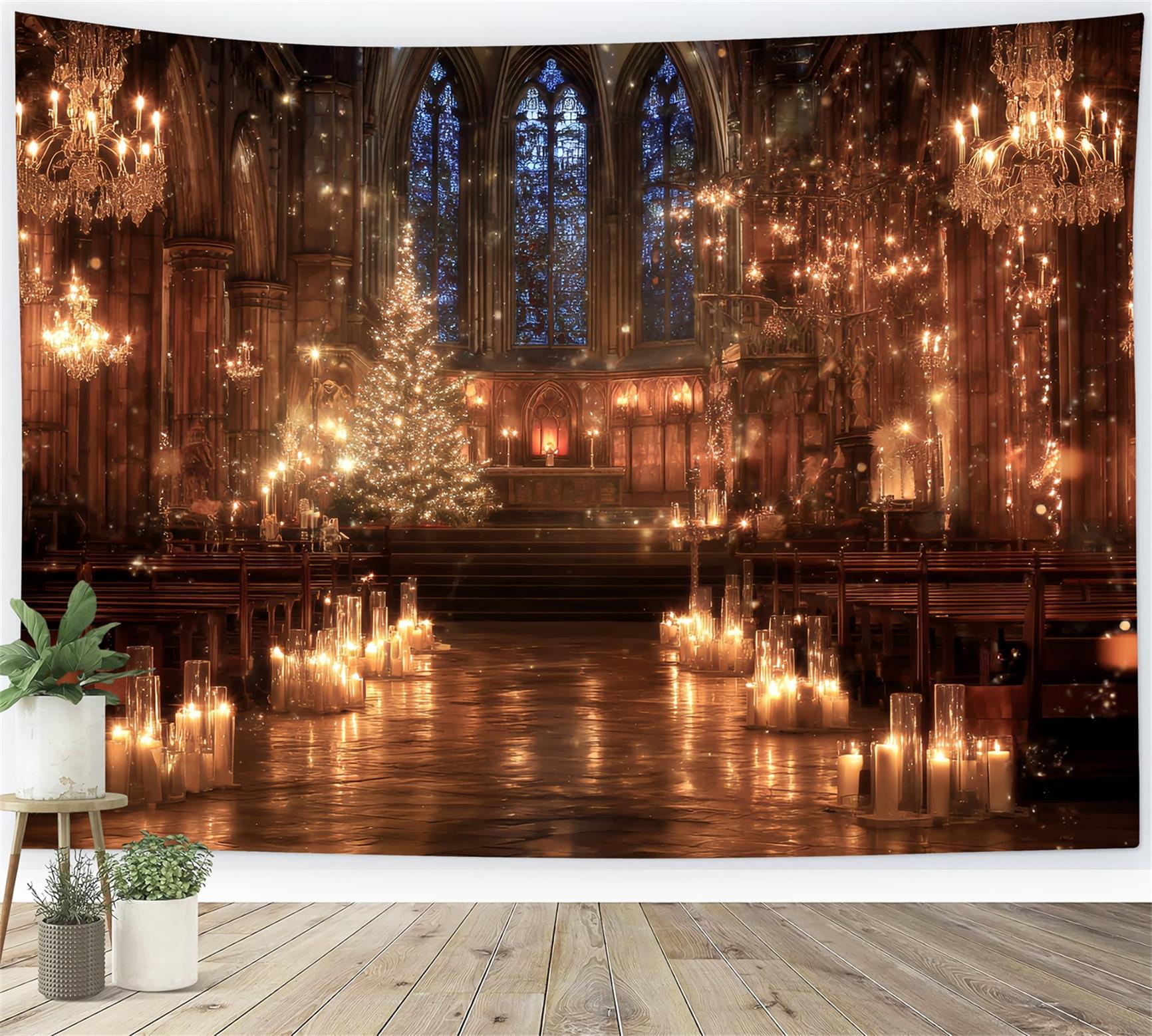 Church Backdrop Golden Candlelit Cathedral Magic Christmas Photography Backdrops TWW59-114