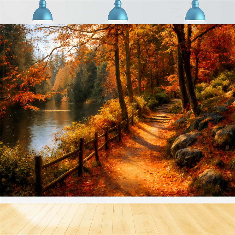 Fall Forest Backdrop Scenic Riverside Autumn Path Forest Photo Backdrop TWW59-139