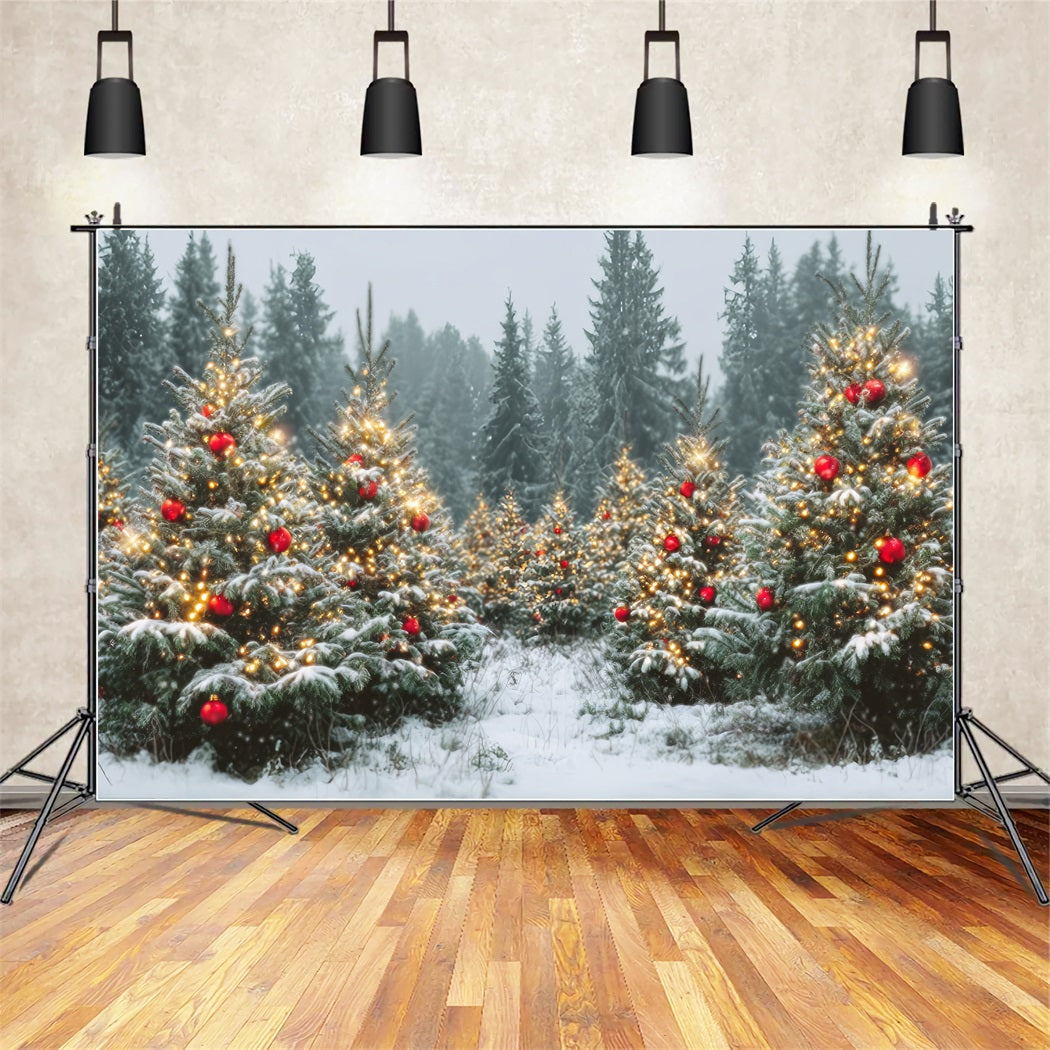 Christmas Forest Backdrop Snowy Trees Golden Ornaments Pine Forest Backdrop TWW59-147
