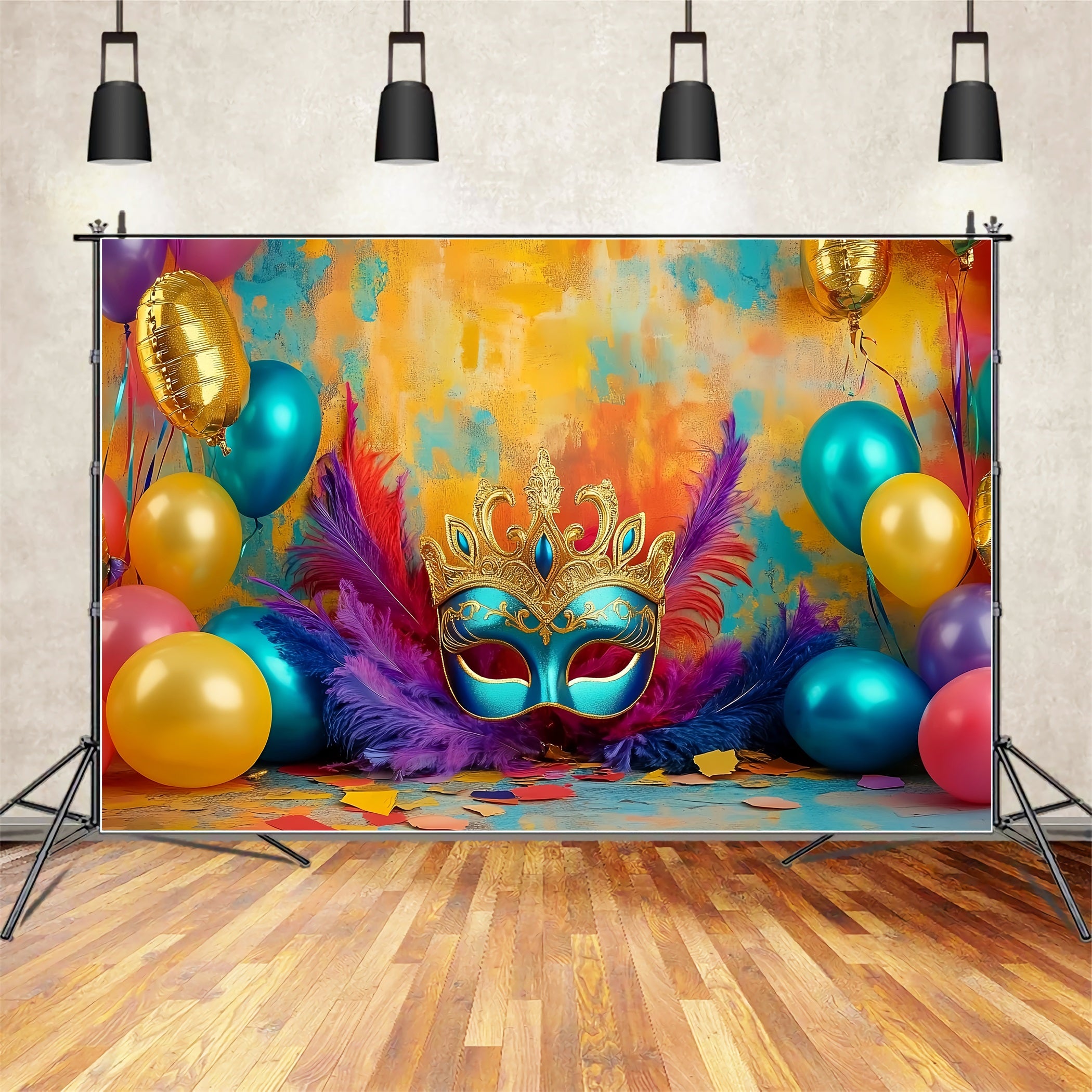 Mask Carnival Backdrop Colorful Mask Balloons Glow Carnival Backdrop TWW59-15