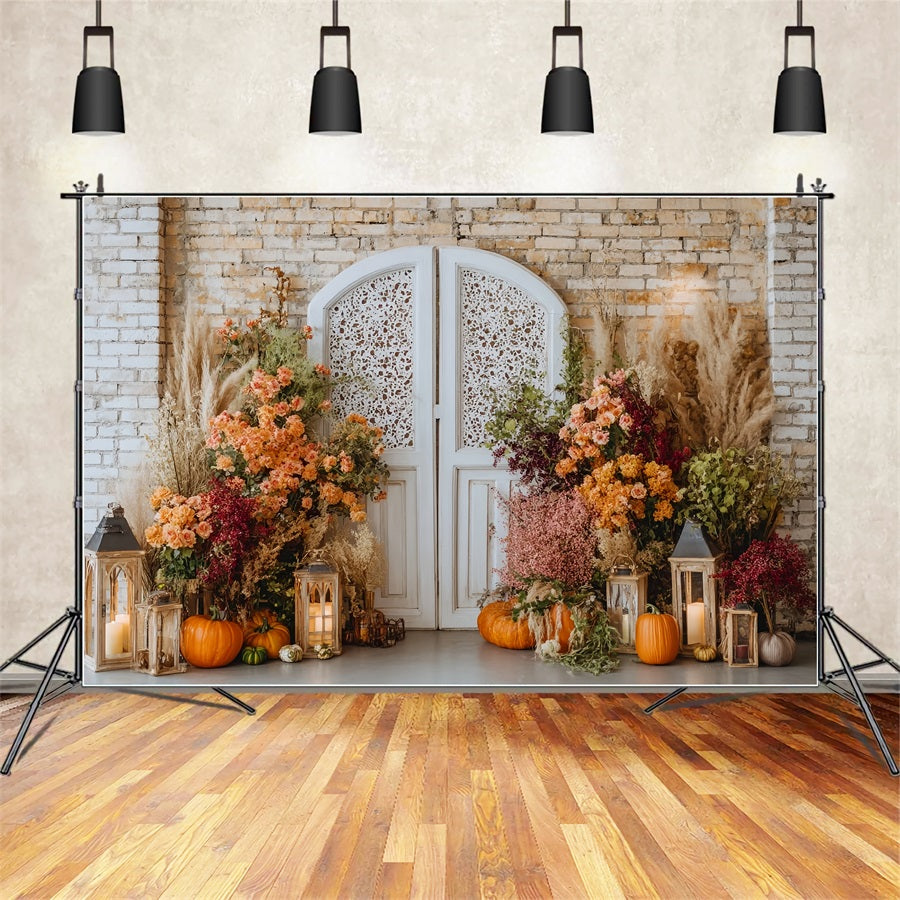 Brick Photo Backdrop Floral Pumpkins Vintage Doorway Brick Wall Backdrop TWW59-163