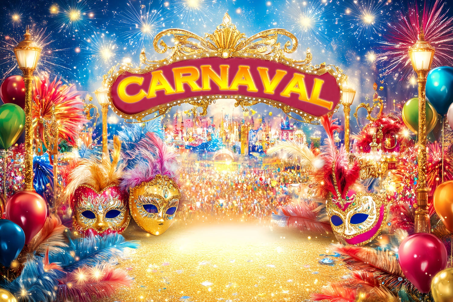 Mask Carnival Backdrop Golden Masks Fireworks Carnival Backdrop TWW59-17