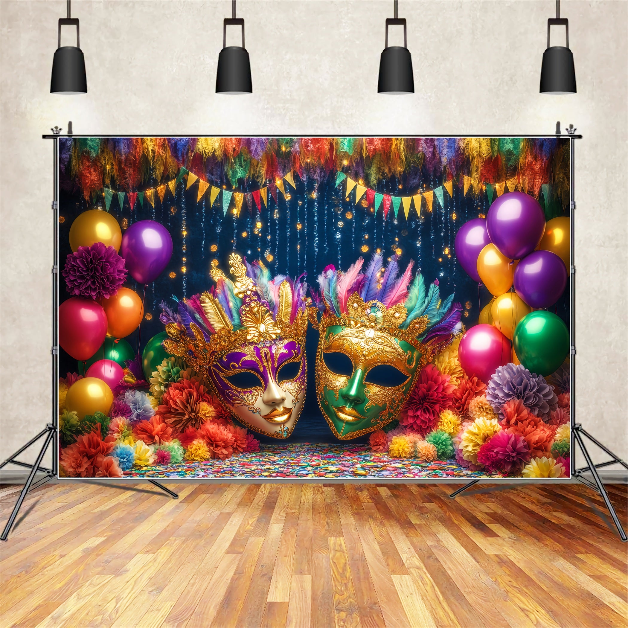 Mask Carnival Backdrop Colorful Balloons Feathered Masquerade Carnival Backdrop TWW59-19