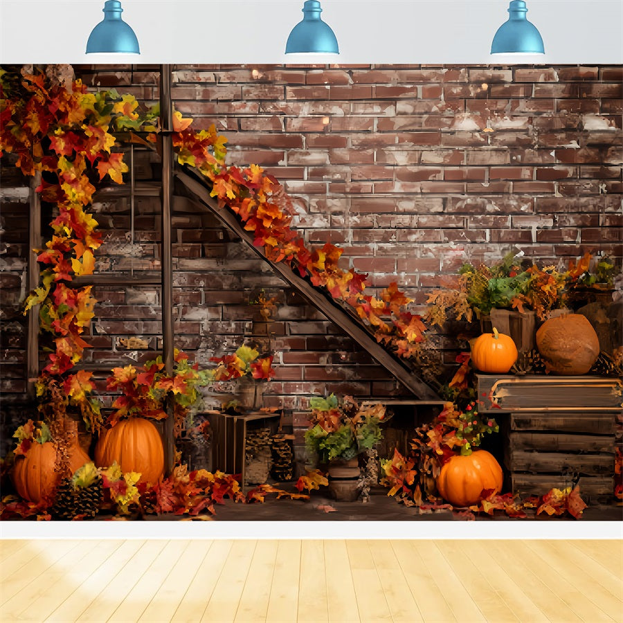 Brick Wall Backdrops Autumn Pumpkins Maple Leaves Brick Backdrop TWW59-195