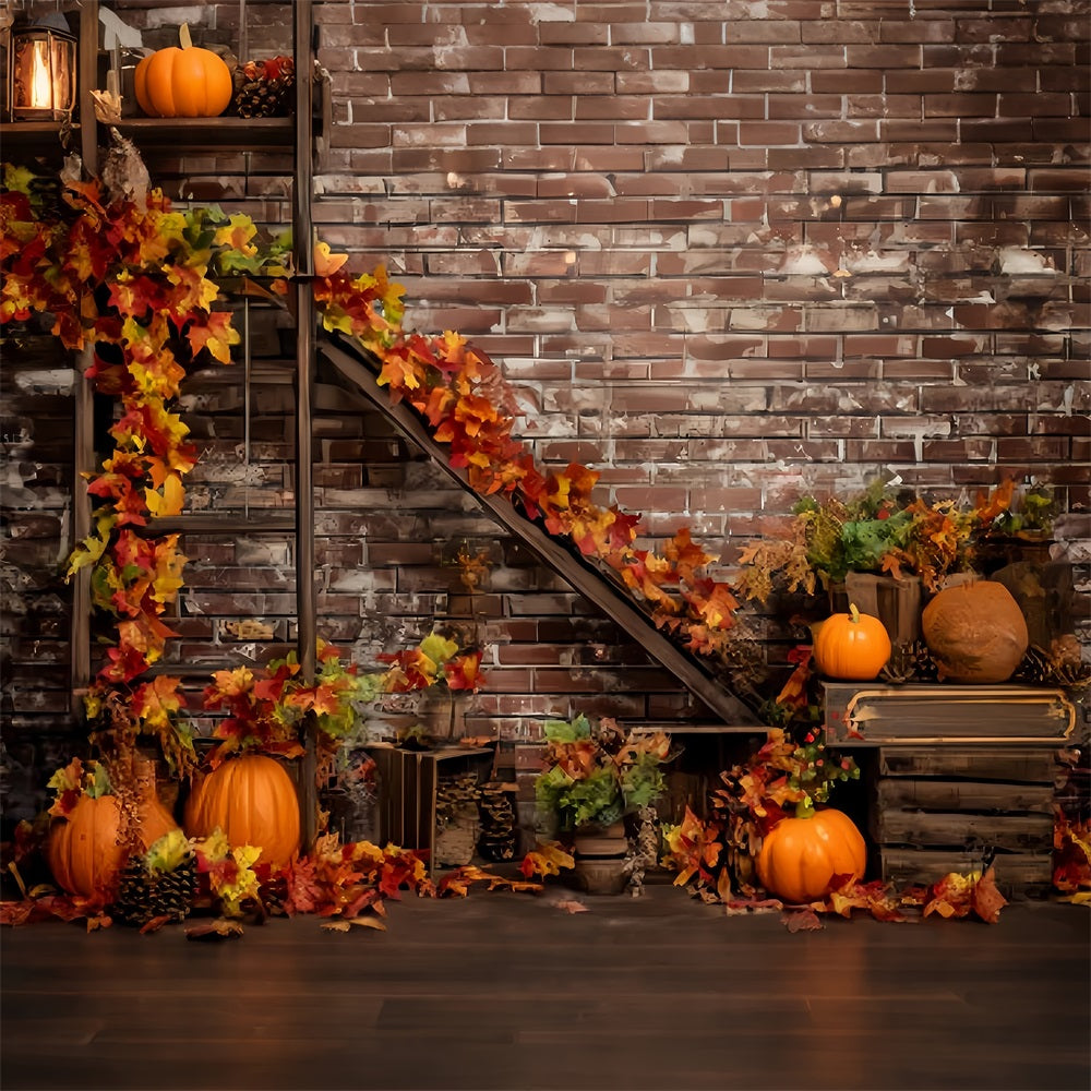 Brick Wall Backdrops Autumn Pumpkins Maple Leaves Brick Backdrop TWW59-195
