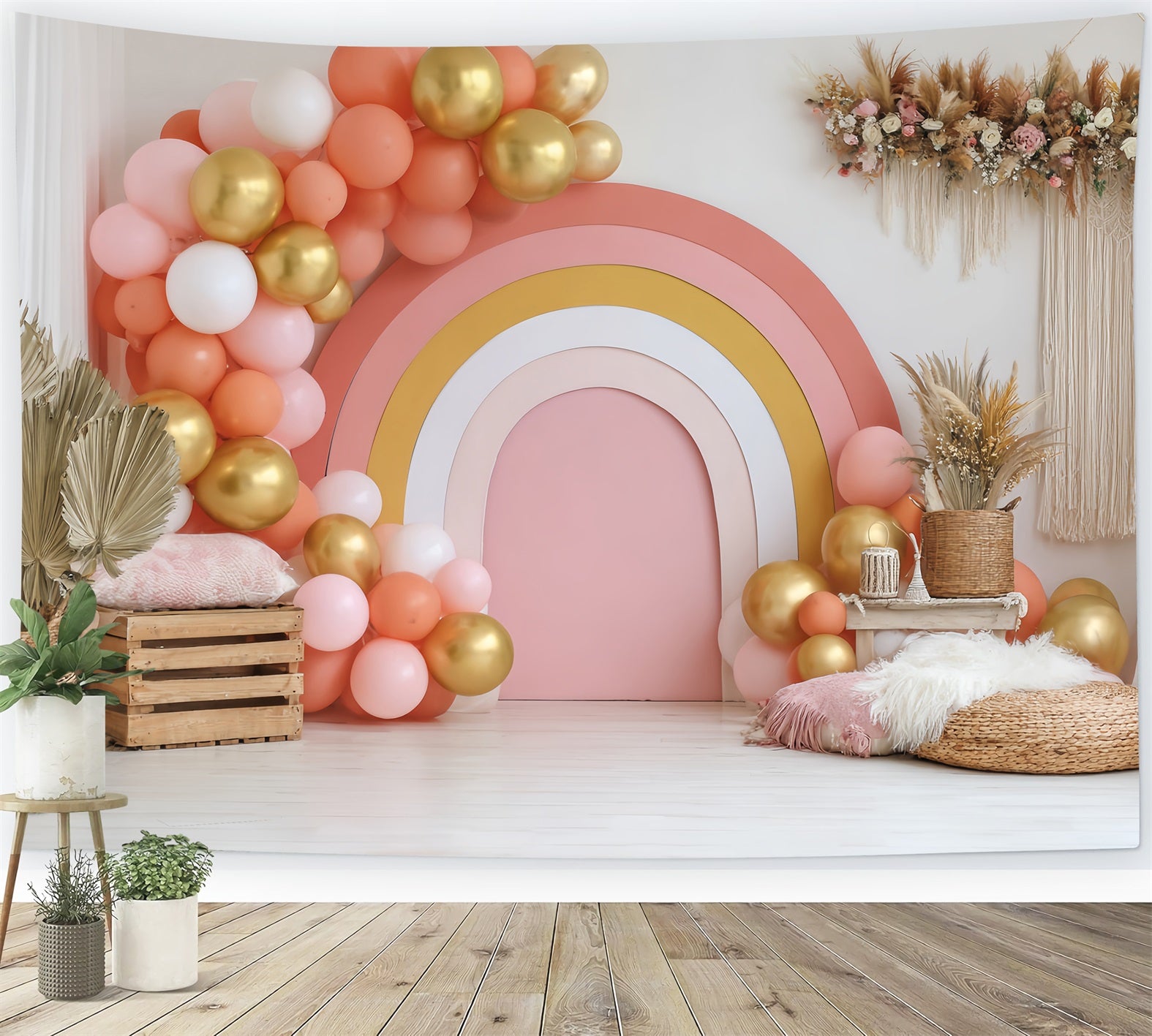 Cake Smash Backdrops Golden Rainbow Balloon Setup Cake Photography Backdrops TWW59-211