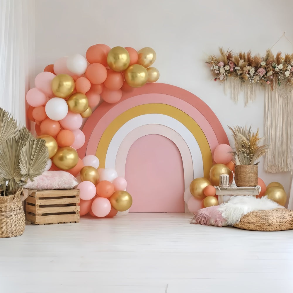 Cake Smash Backdrops Golden Rainbow Balloon Setup Cake Photography Backdrops TWW59-211