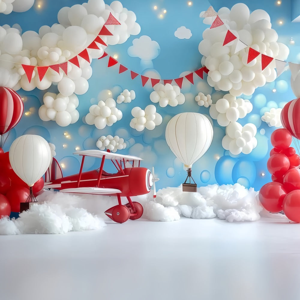 Cake Smash Backdrop Boy Airplane Balloon Cloud Adventure Happy Birthday Backdrop TWW59-214