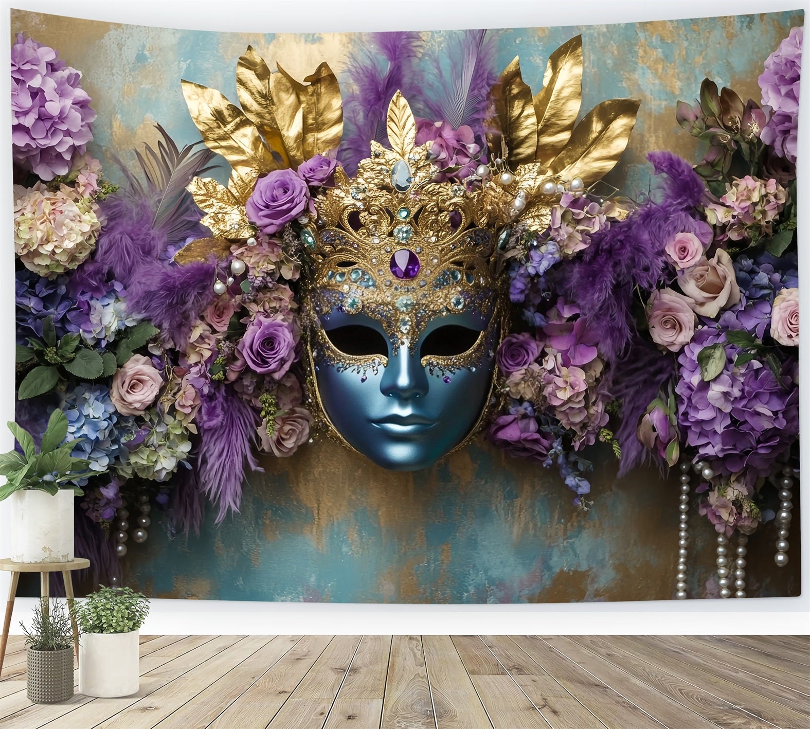 Mask Carnival Backdrop Blue Mask Purple Floral Elegance Carnival Backdrops TWW59-22
