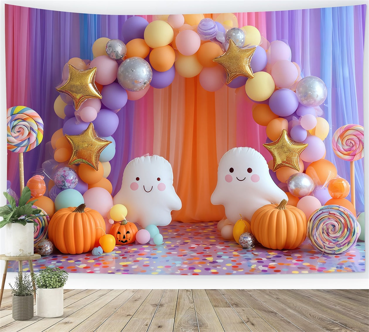 Cake Smash Backdrops Colorful Candy Ghost Party Happy Birthday Backdrop TWW59-231