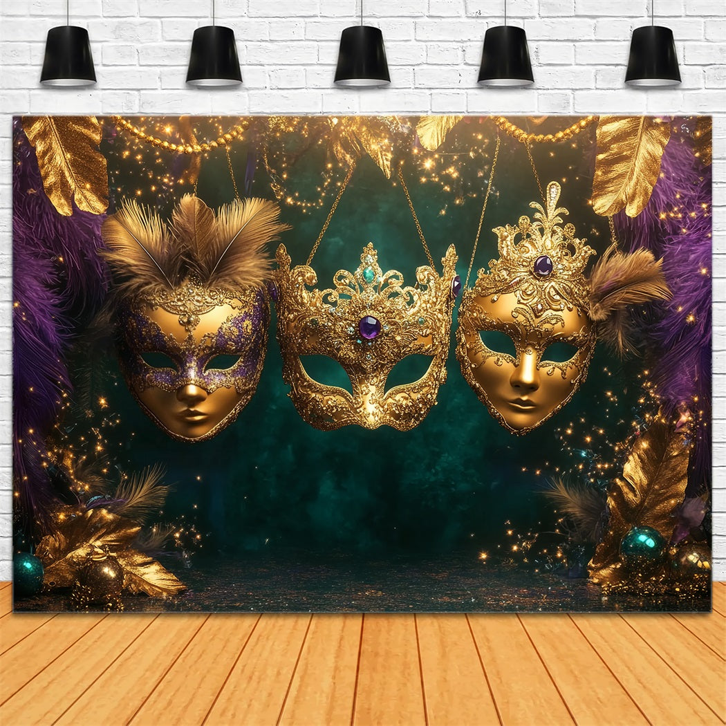 Mask Carnival Backdrop Golden Feathered Masquerade Trio Carnival Backdrop Ideas TWW59-25