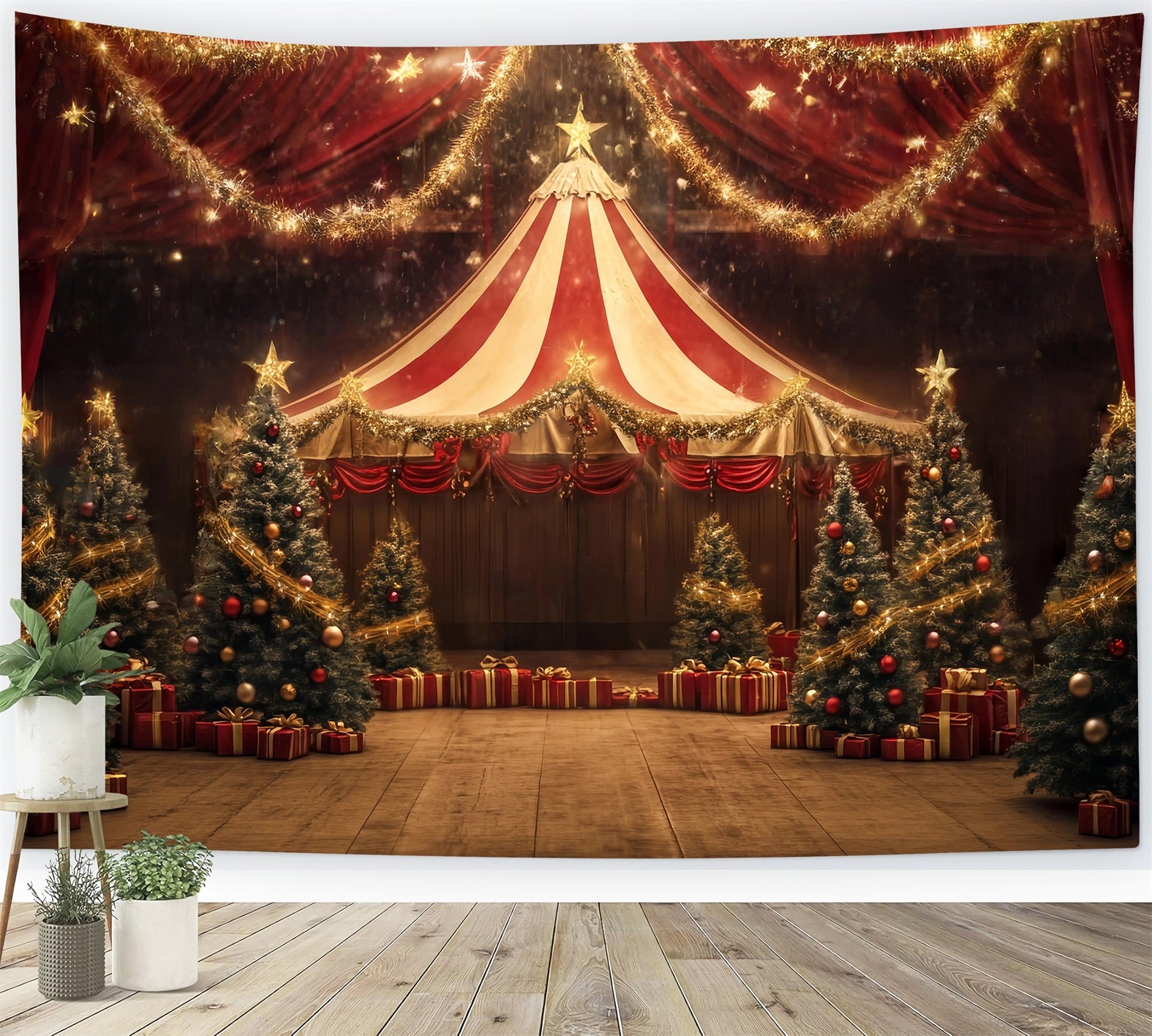 Christmas Circus Backdrop Golden Star Garland Tent Photography Circus Backdrop TWW59-34