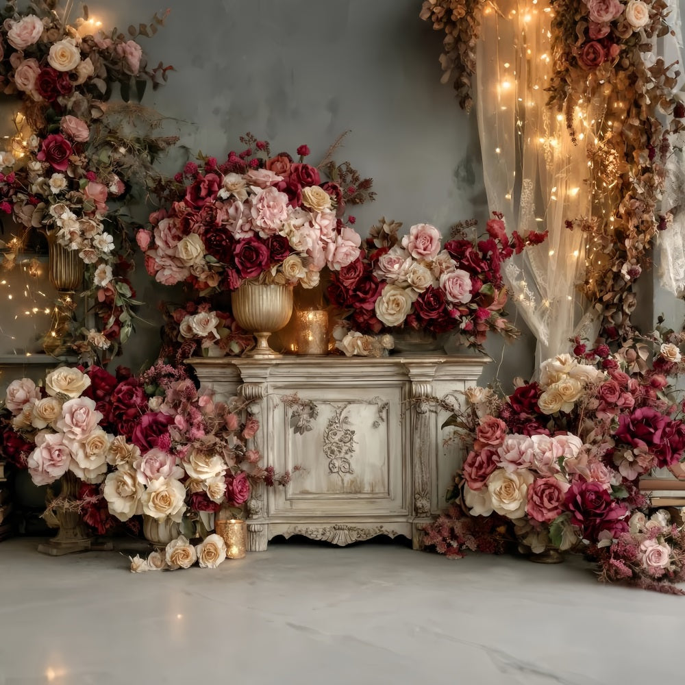 Wedding Vintage Backdrop Vintage Burgundy Rose Arrangement Wedding Backdrops TWW59-36