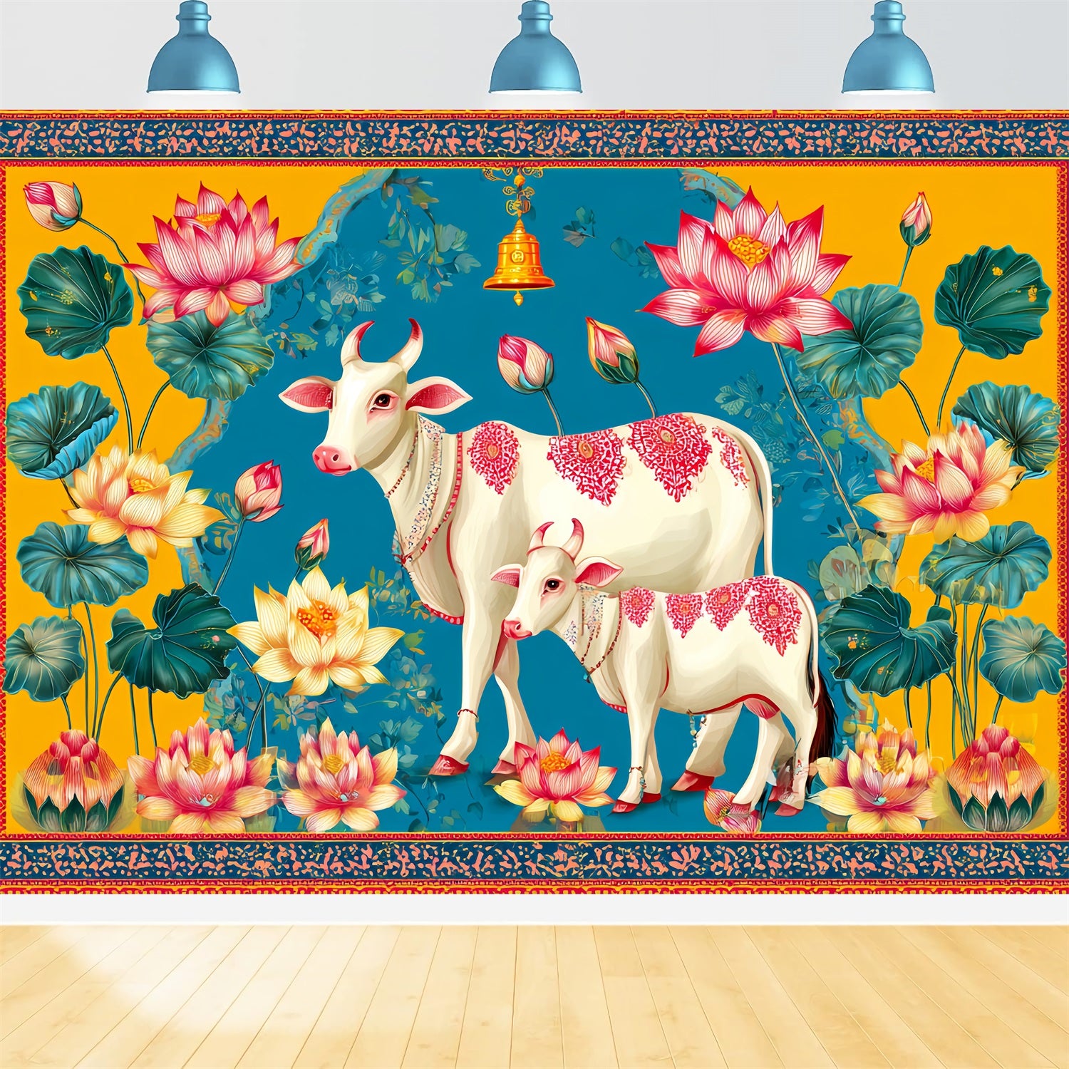 Wedding Indian Backdrop Lotus Cows Colorful Illustration Wedding Backdrops TWW59-40