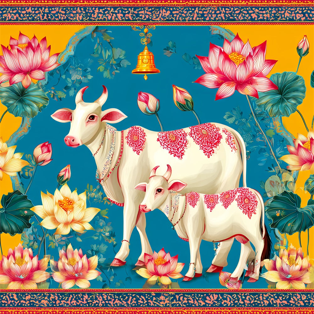 Wedding Indian Backdrop Lotus Cows Colorful Illustration Wedding Backdrops TWW59-40