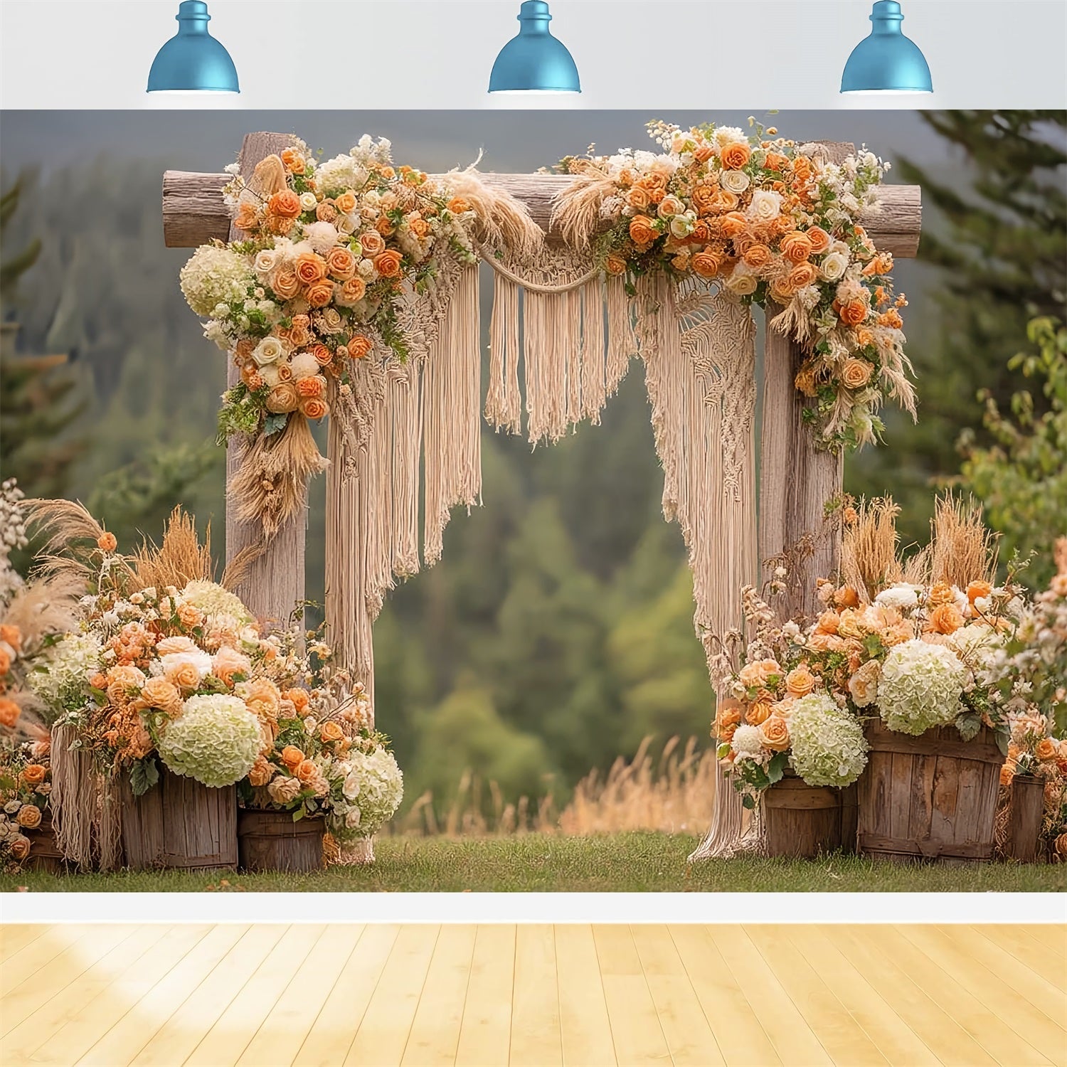 Wedding Macrame Backdrop Rustic Arch Orange Roses Boho Wedding Backdrop TWW59-44
