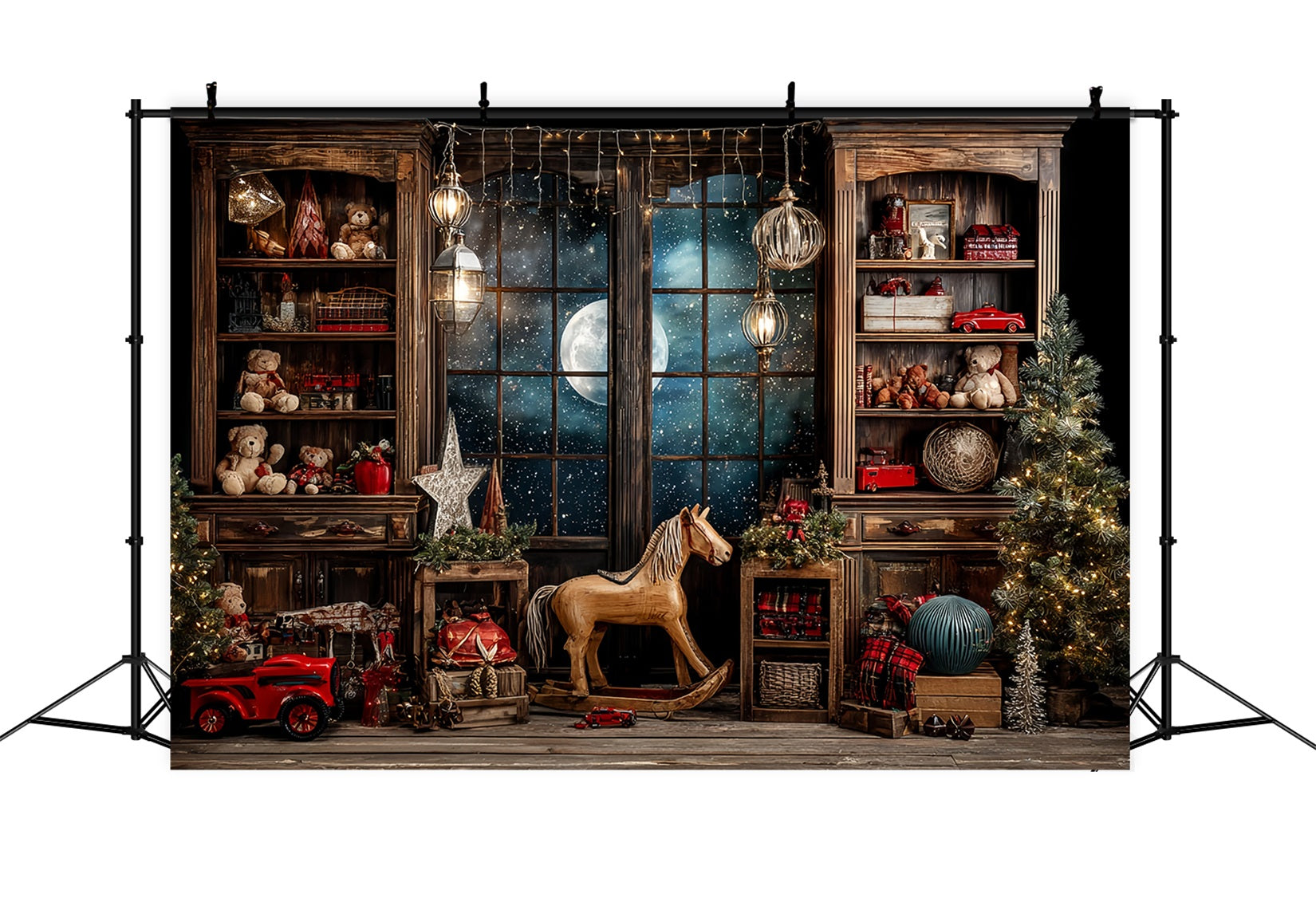 Santa's Workshop Backdrop Starry Night Window Toy Room Christmas Backdrops TWW59-86