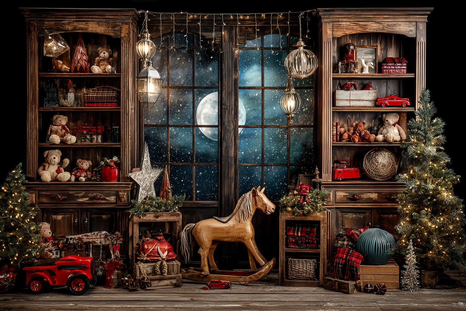 Santa's Workshop Backdrop Starry Night Window Toy Room Christmas Backdrops TWW59-86