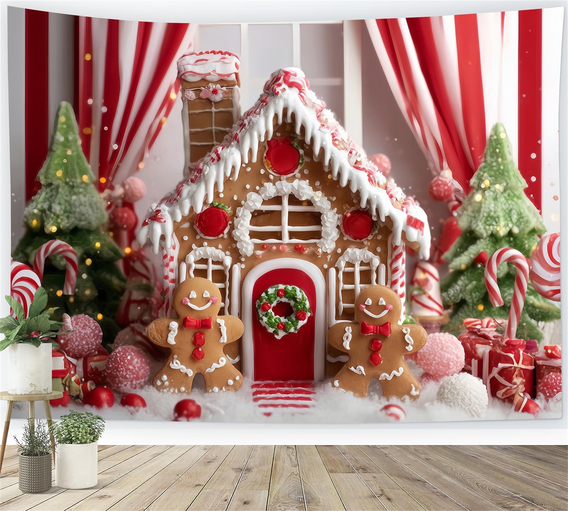 Gingerbread House Backdrop Candy Cane Gingerbread Room Christmas Photo Backdrops TWW59-90