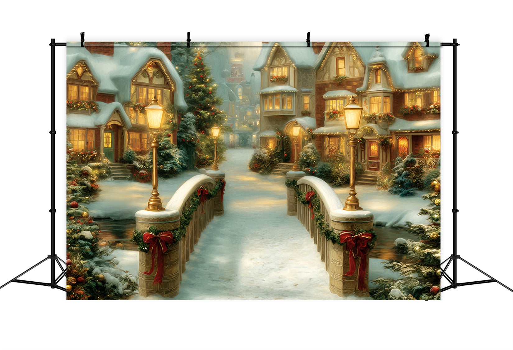 Christmas Village Backdrop Golden Bridge Holiday Houses Christmas Backdrop TWW59-99