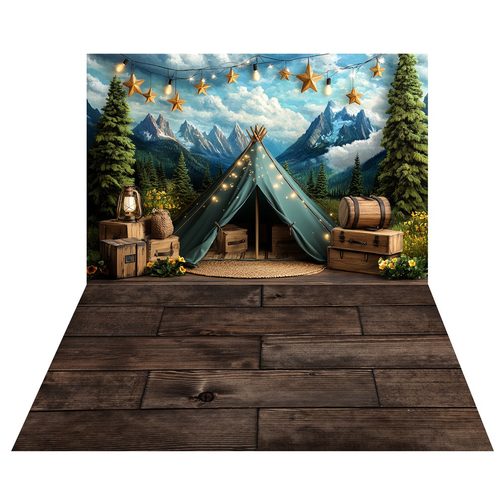 Mountain Camp Tent Backdrop+Rustic Wood Floor Backdrop TWW6-131