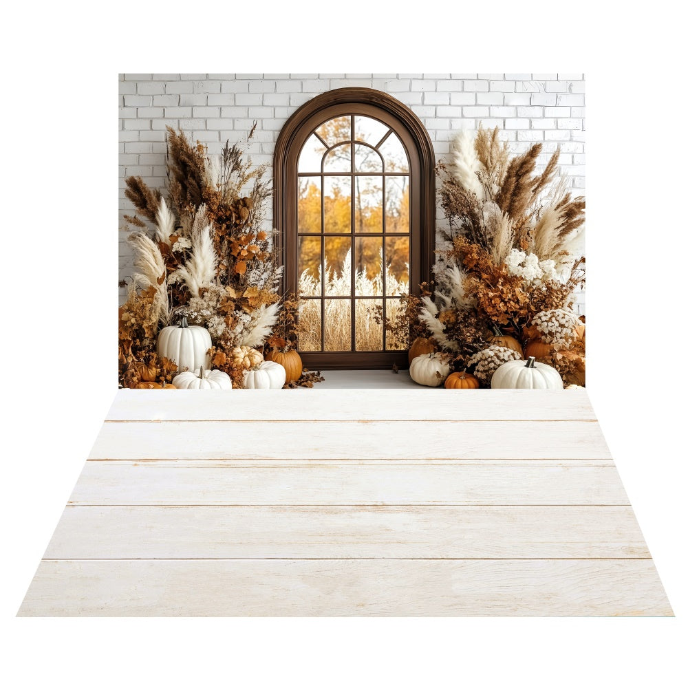 White Brick Arch Window Backdrop+Cream Wood Floor Backdrop TWW6-83