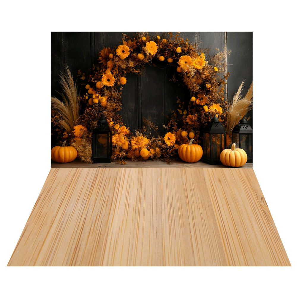 Sunflower Pumpkin Wreath Backdrop+Warm Pine Floor Backdrop TWW6-87