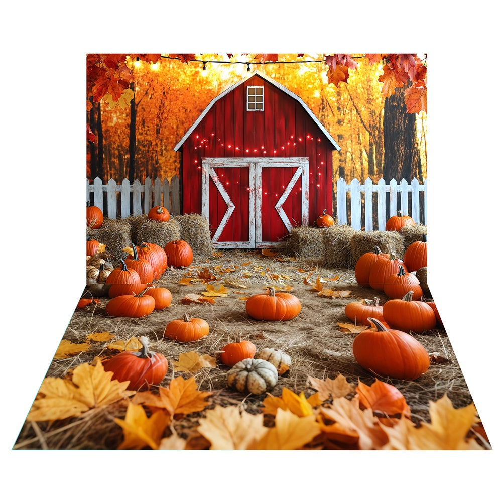 Red Barn Harvest Backdrop+Pumpkin Straw Floor Backdrop TWW6-88