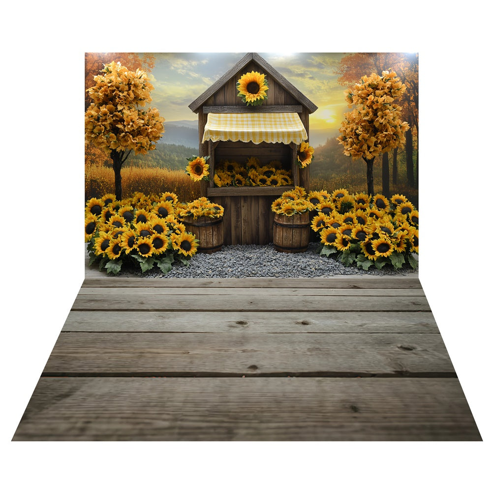 Sunflower Market Stand Backdrop+Rustic Wood Floor Backdrop TWW6-89