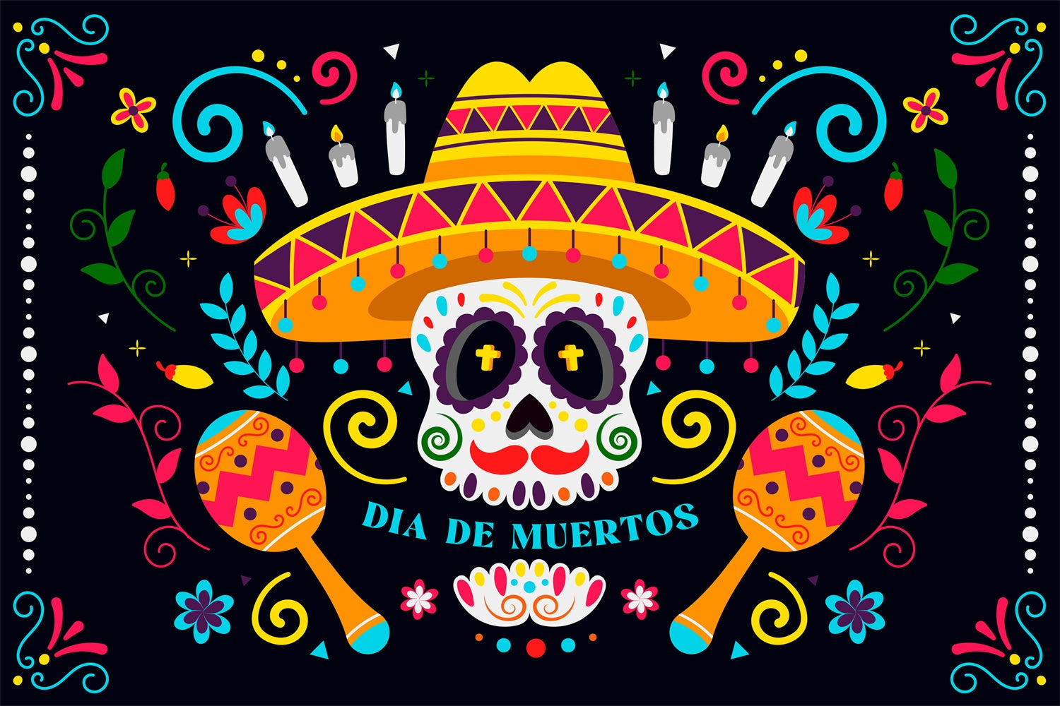 Mexican Fiesta Backdrops Colorful Skull Sombrero Backdrop XY2-95