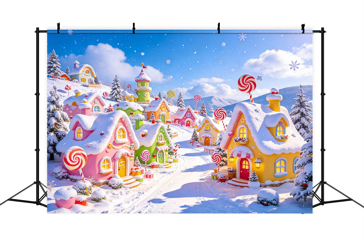 Christmas Village Backdrops Snow Pastel Candy Cottage Christmas Photo Backdrop ZTT610-1