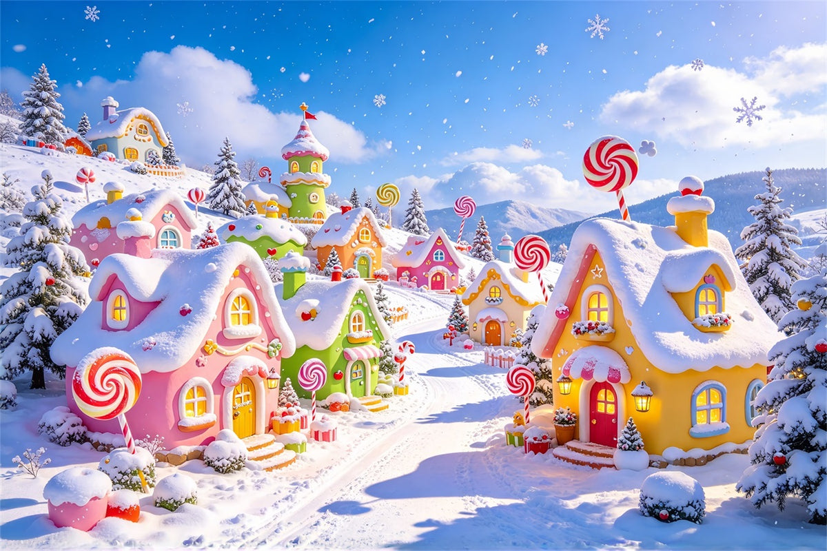 Christmas Village Backdrops Snow Pastel Candy Cottage Christmas Photo Backdrop ZTT610-1