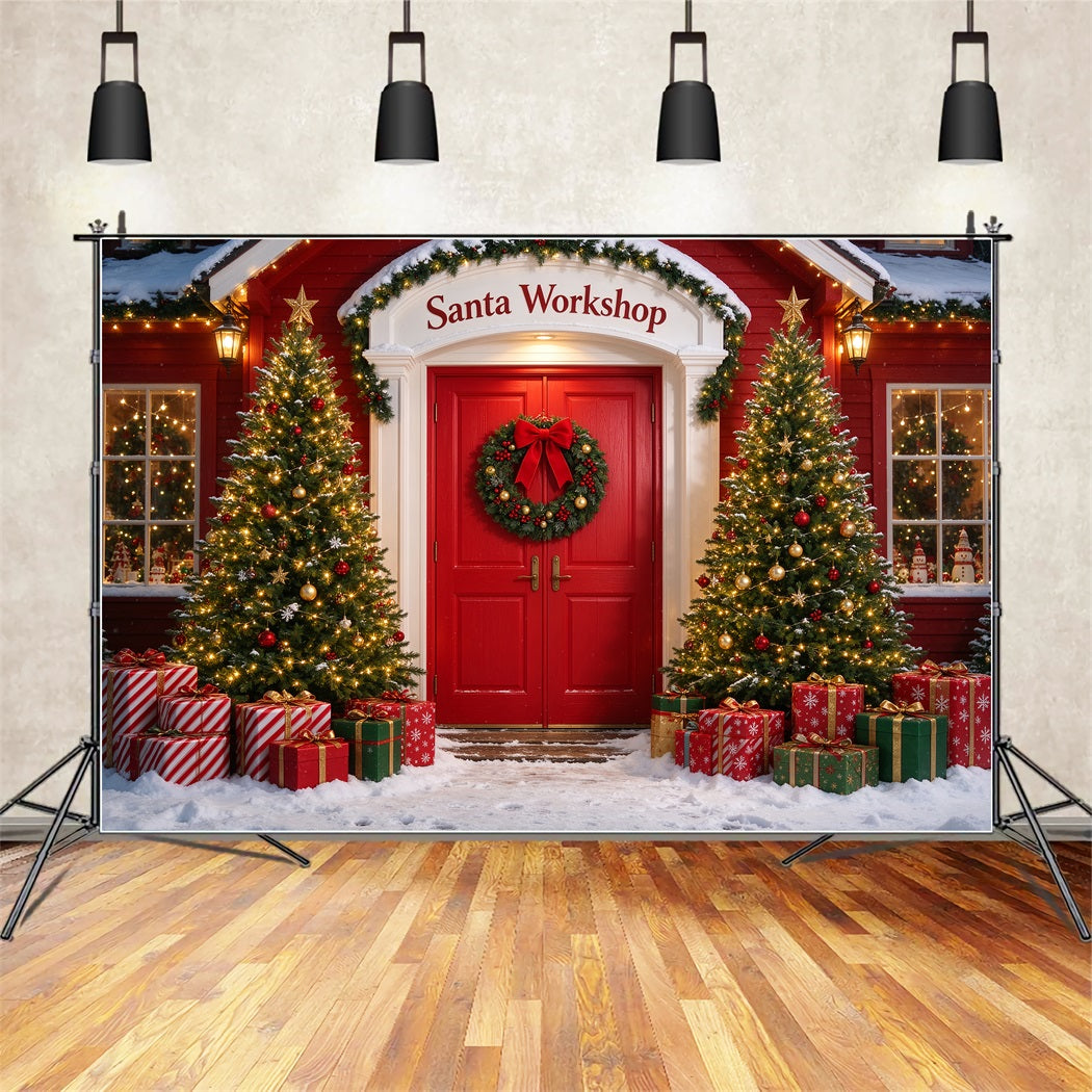 Santa's Workshop Backdrop Snowy House Door Entrance Christmas Red Backdrop ZTT610-10