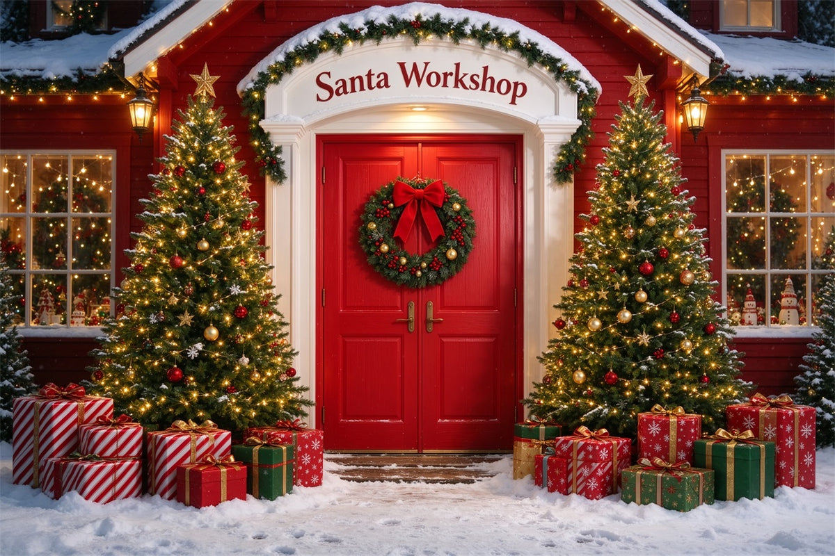 Santa's Workshop Backdrop Snowy House Door Entrance Christmas Red Backdrop ZTT610-10
