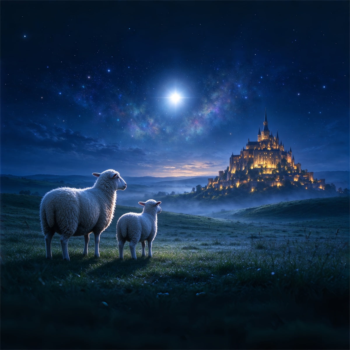 Nativity Scene Backdrop Moonlit Castle Sheep Meadow Christmas Backdrop Photography ZTT610-15
