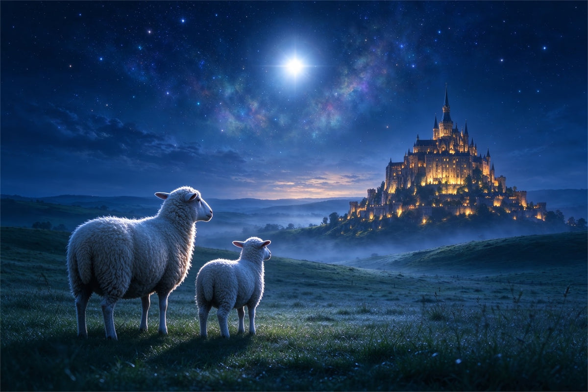 Nativity Scene Backdrop Moonlit Castle Sheep Meadow Christmas Backdrop Photography ZTT610-15