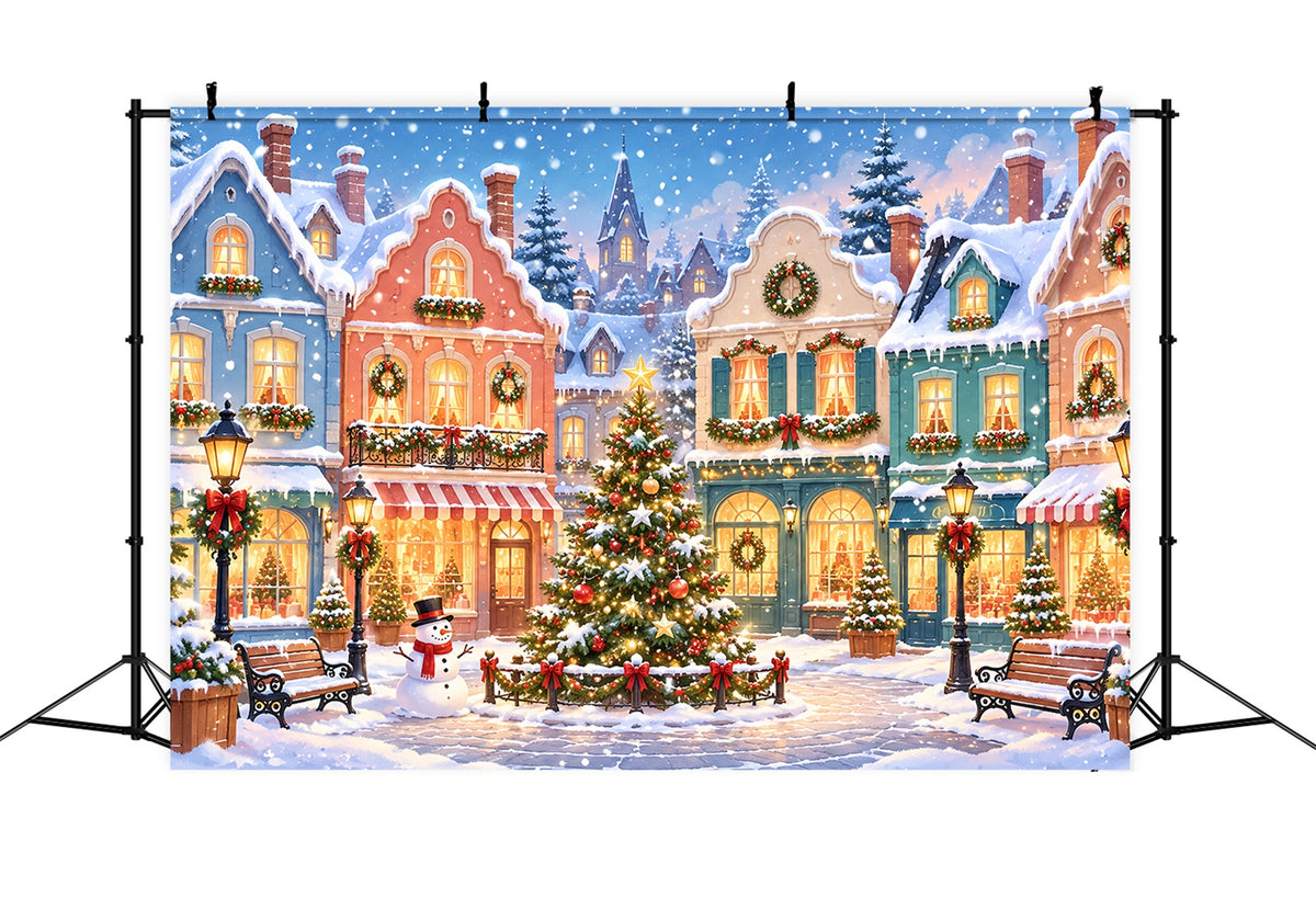 Christmas Town Backdrops Snowy Pastel Village Square Christmas Picture Backdrop ZTT610-17