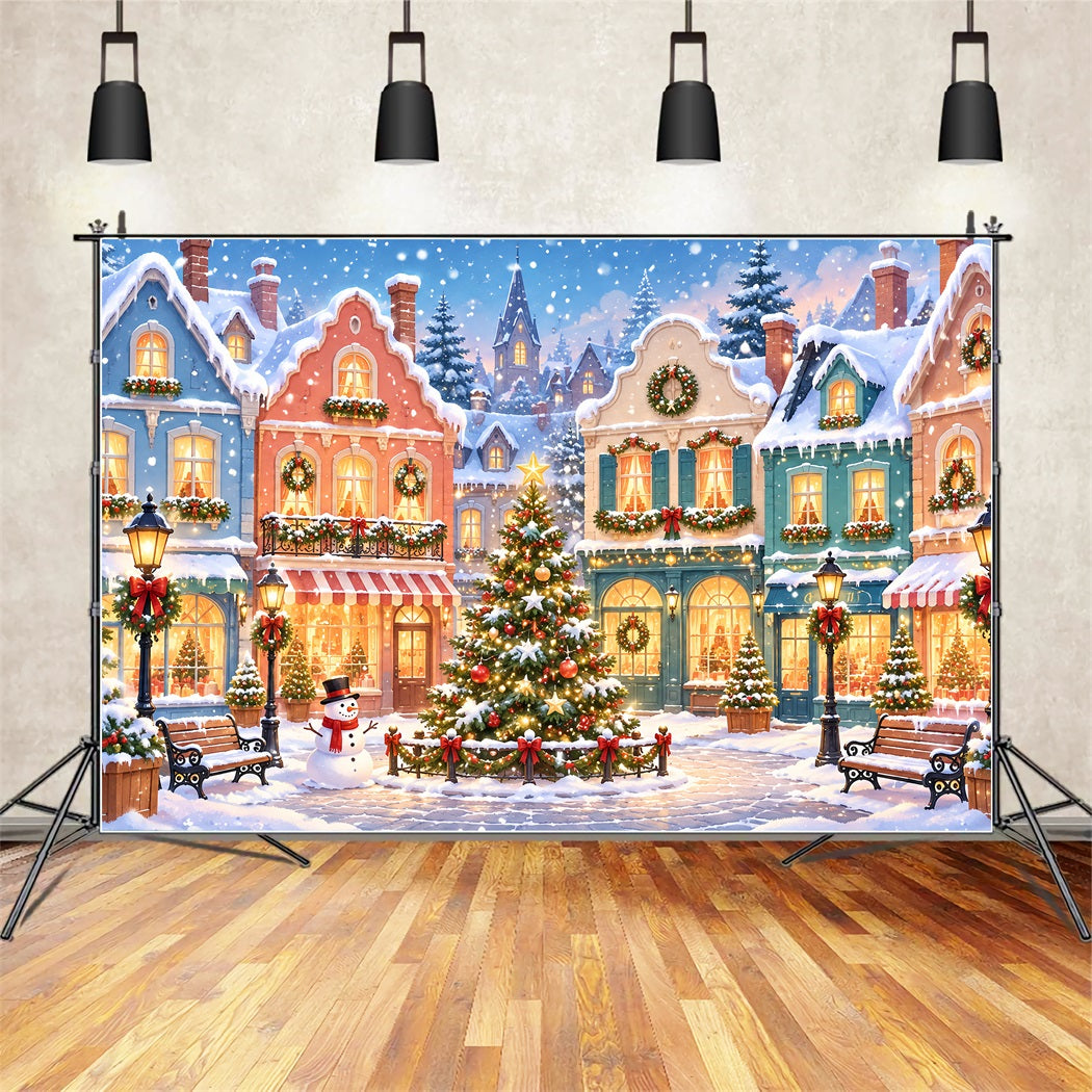 Christmas Town Backdrops Snowy Pastel Village Square Christmas Picture Backdrop ZTT610-17