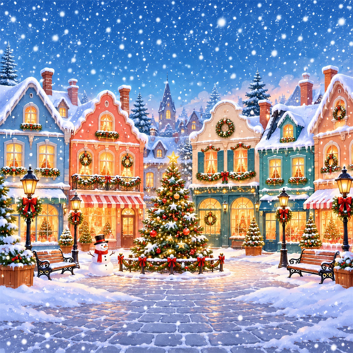 Christmas Town Backdrops Snowy Pastel Village Square Christmas Picture Backdrop ZTT610-17