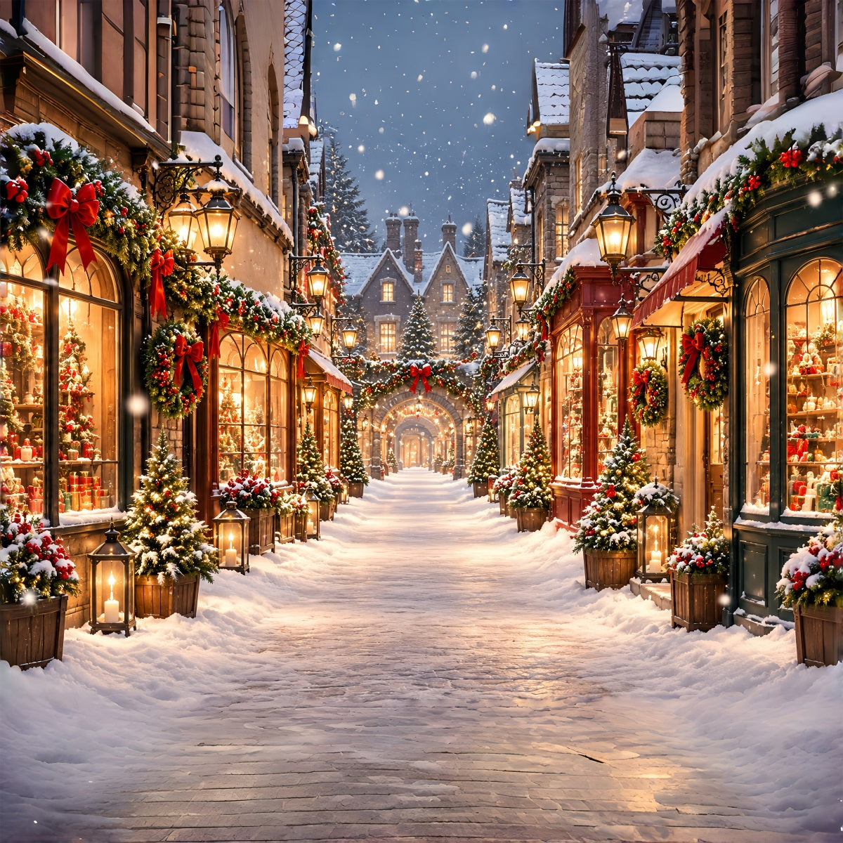 Christmas Village Backdrops Snowy Illuminated Shopping Street Christmas Street Backdrop ZTT610-23