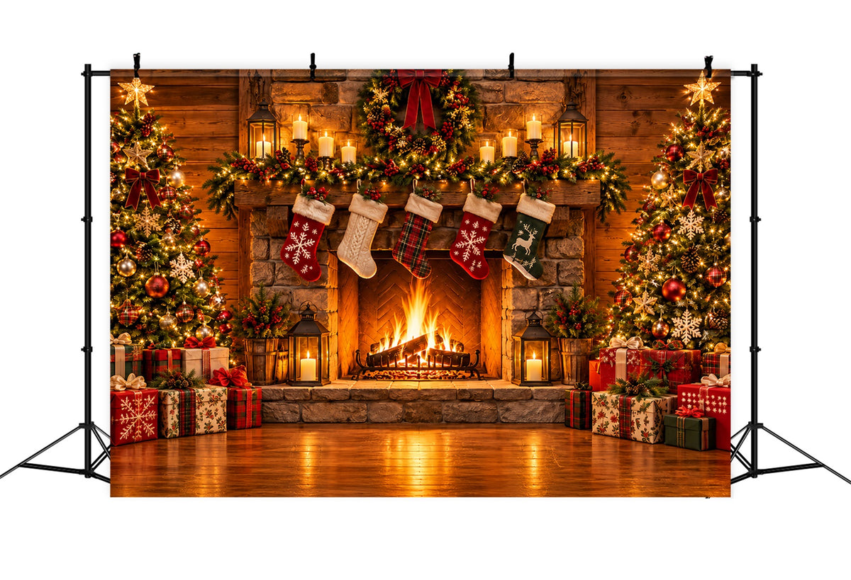 Christmas Fireplace Backdrop Rustic Stocking Stone Christmas Backdrop for Photography ZTT610-24