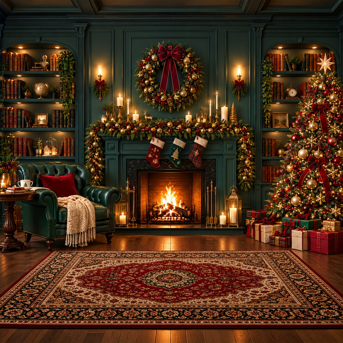 Christmas Fireplace Backdrops Vintage Emerald Library Stockings Christmas Scene Backdrop ZTT610-30