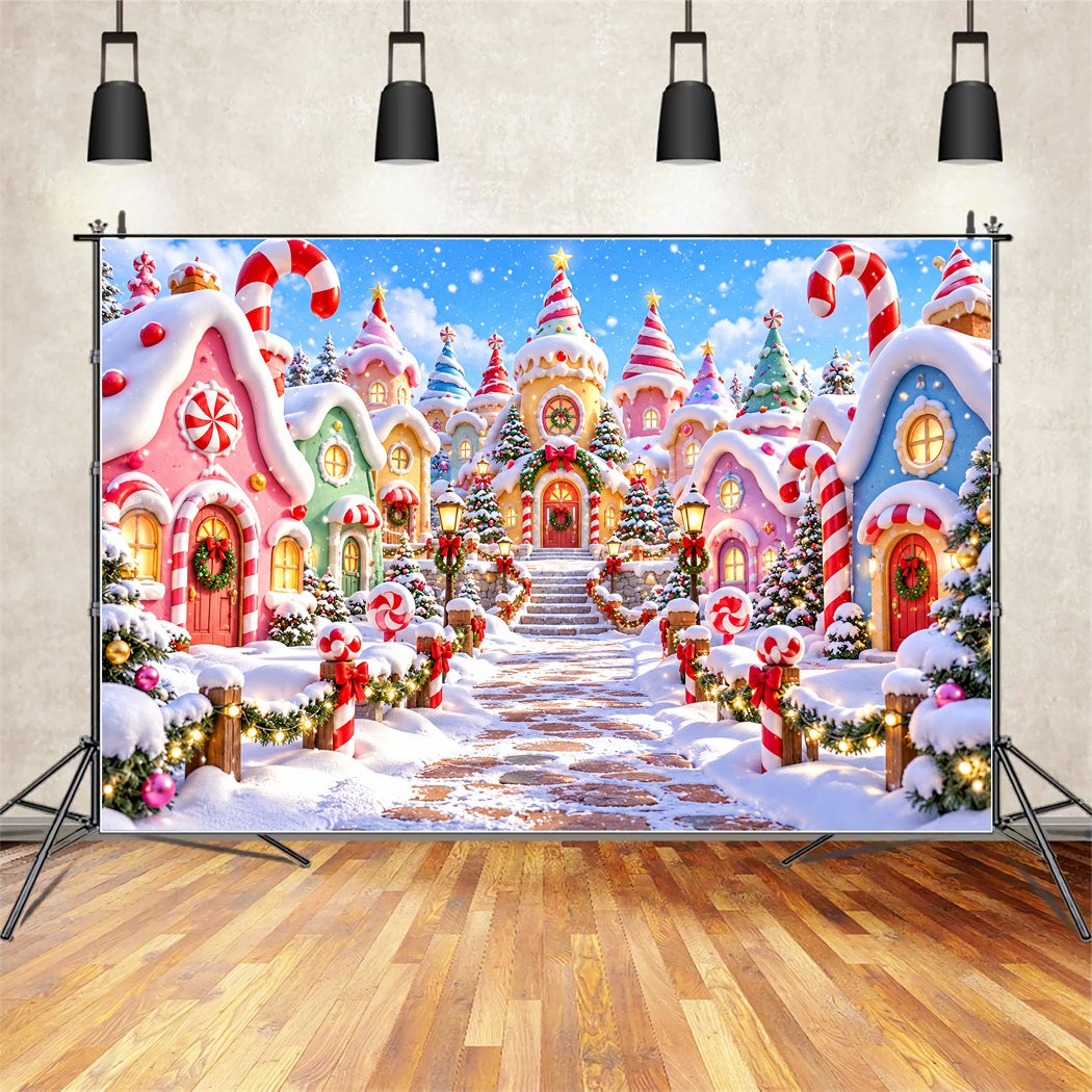 Christmas Village Backdrops Pastel Candy Cane House Christmas Photo Backdrop ZTT610-31