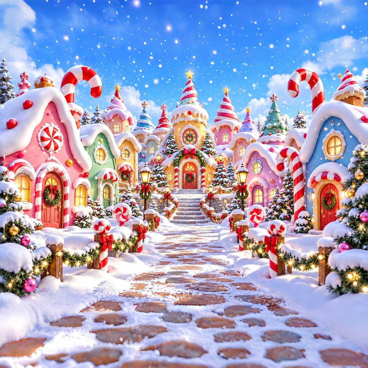 Christmas Village Backdrops Pastel Candy Cane House Christmas Photo Backdrop ZTT610-31