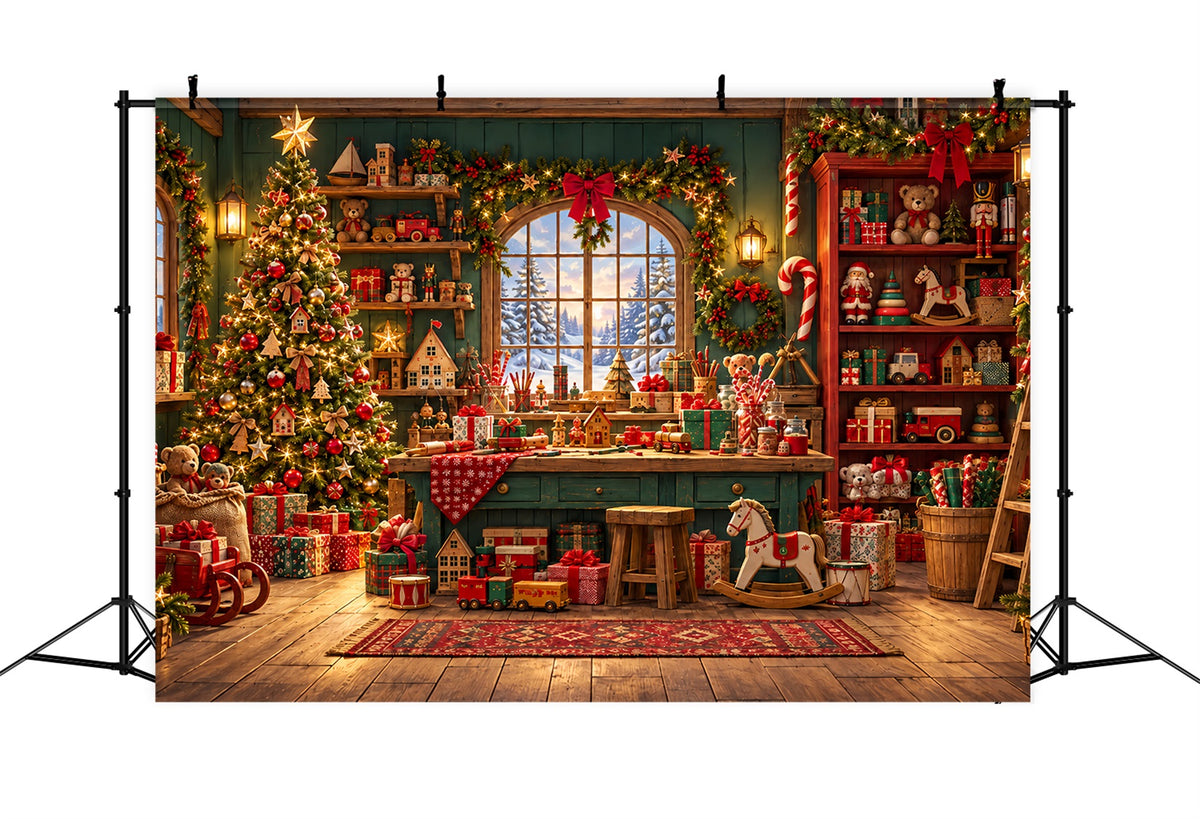 Santa Backdrop Rustic Cabin Toy Workshop Christmas Backdrop ZTT610-32