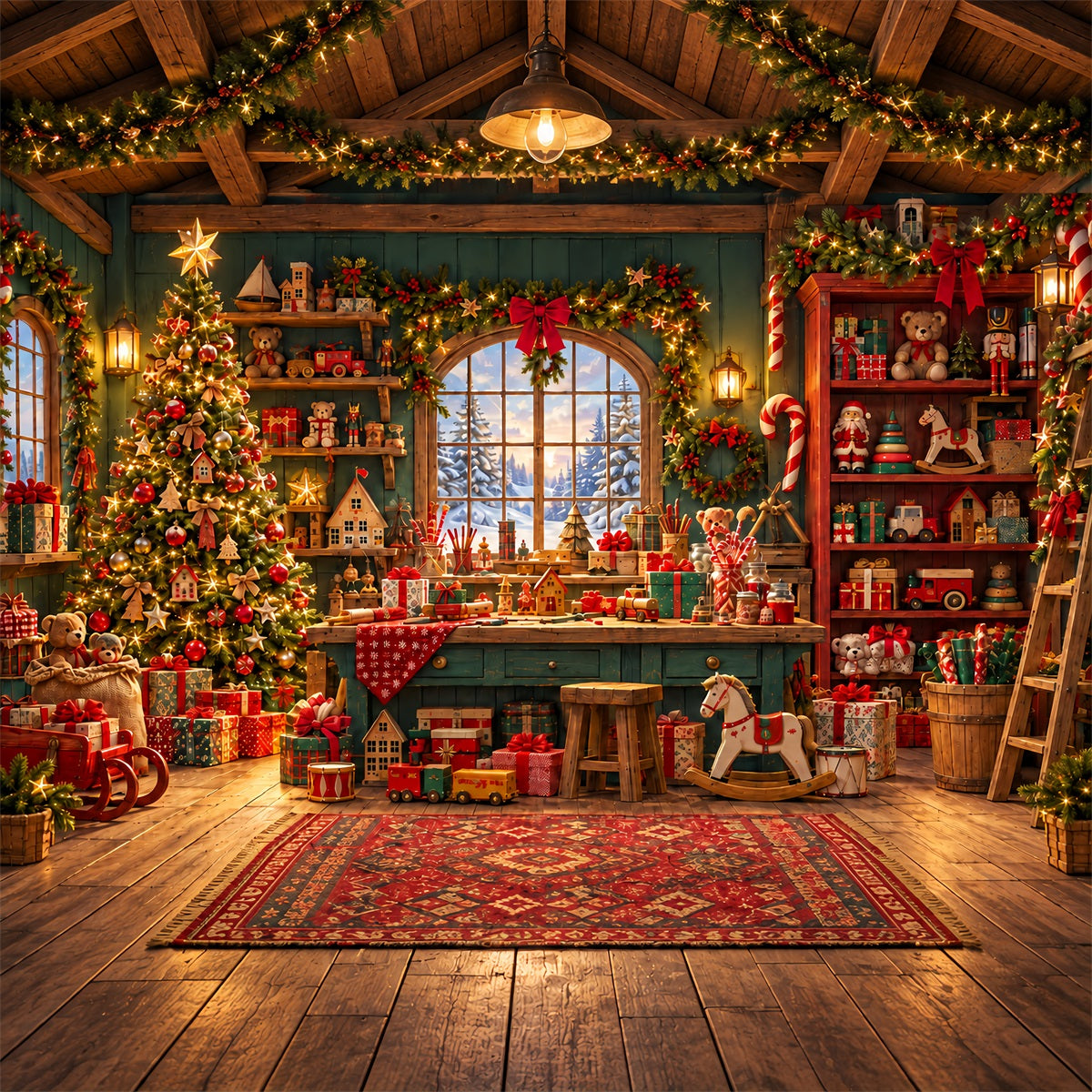 Santa Backdrop Rustic Cabin Toy Workshop Christmas Backdrop ZTT610-32