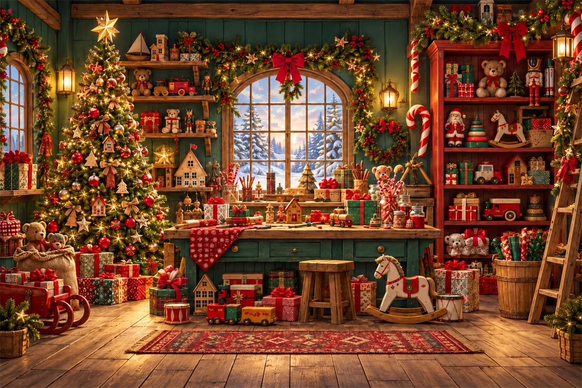 Santa Backdrop Rustic Cabin Toy Workshop Christmas Backdrop ZTT610-32